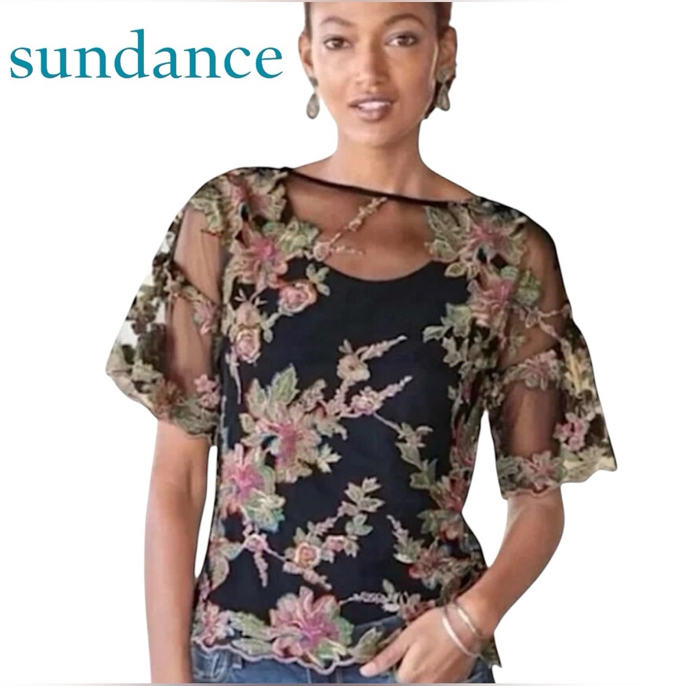 Sundance Celeste Blouse Embroidered Beaded Floral Overlay Sheer Mesh Fairy | L